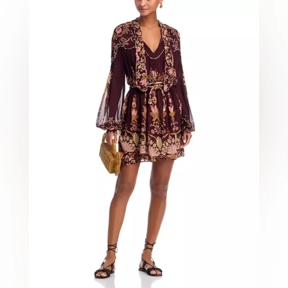 FARM Rio Bella Mini Dress Burgundy Floral Long Sleeve Dress NWT Size Small - Picture 4 of 10
